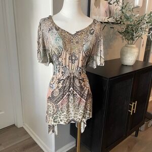 World Unity Tunic Top Womens XL Tan Paisley Boho Fairycore Sharkbite Hem Good
